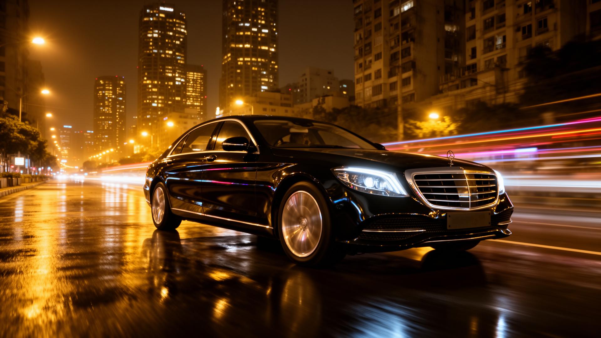 Luxury black Mercedes-Benz S-Class chauffeur car speeding through Gurgaon at night